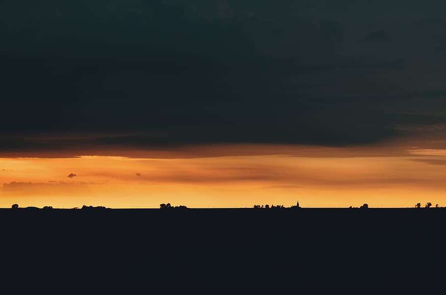 sky, dark, orange, black, trees, mountain, adventure, travel HD wallpaper