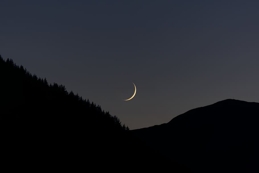 moon, moonset, crescent moon, mountains, ritzail, italy, dolomites HD wallpaper