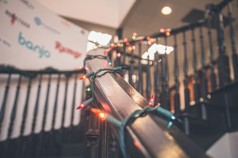 turned-on string lights on stairs, handrail, banister, railing HD wallpaper