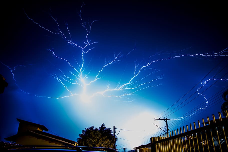 Lightning Strike, blue, clouds, color, danger, dark, dawn, electric, HD wallpaper