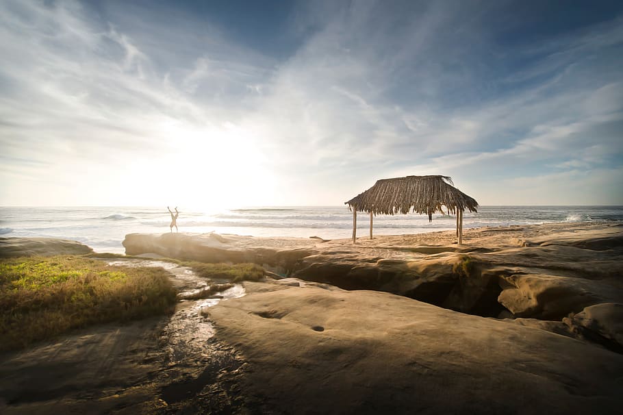 guy, man, people, rock, beach, summer, upside, down, shed, sky HD wallpaper