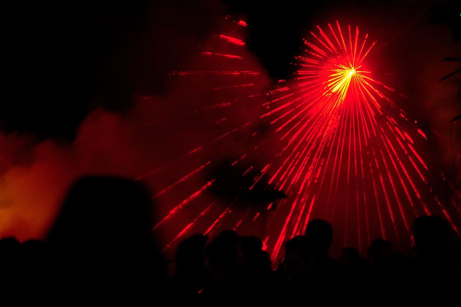 red firework, nature, outdoors, night life, light, human, person HD wallpaper