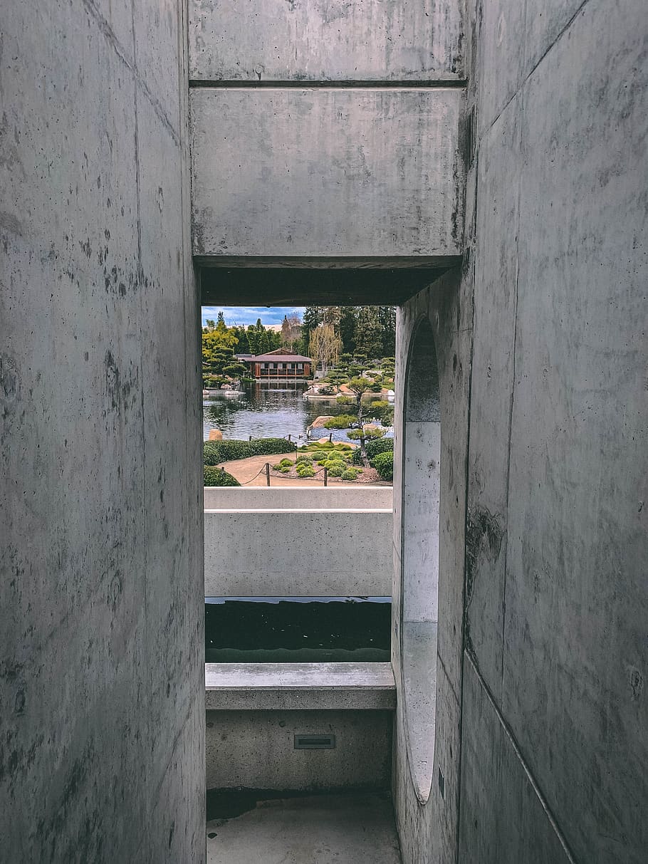 gray concrete pathway, bunker, building, japanese garden, wall, HD wallpaper