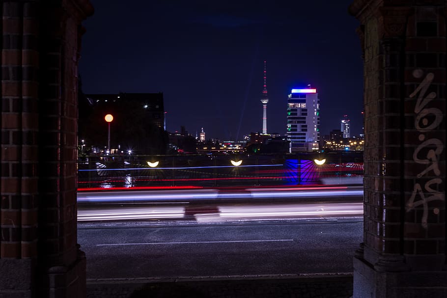 long exposure, light streaks, lights, night, traffic, berlin, HD wallpaper
