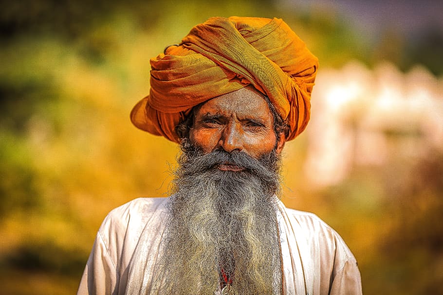 Man Wearing Orange Headdress, adult, beard, color, culture, facial hair, HD wallpaper