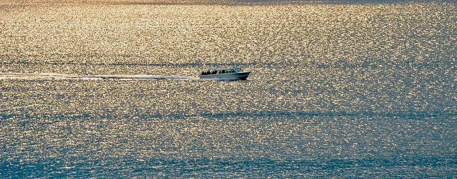 powerboat, wave, evening sun, reflection, mirroring, water HD wallpaper