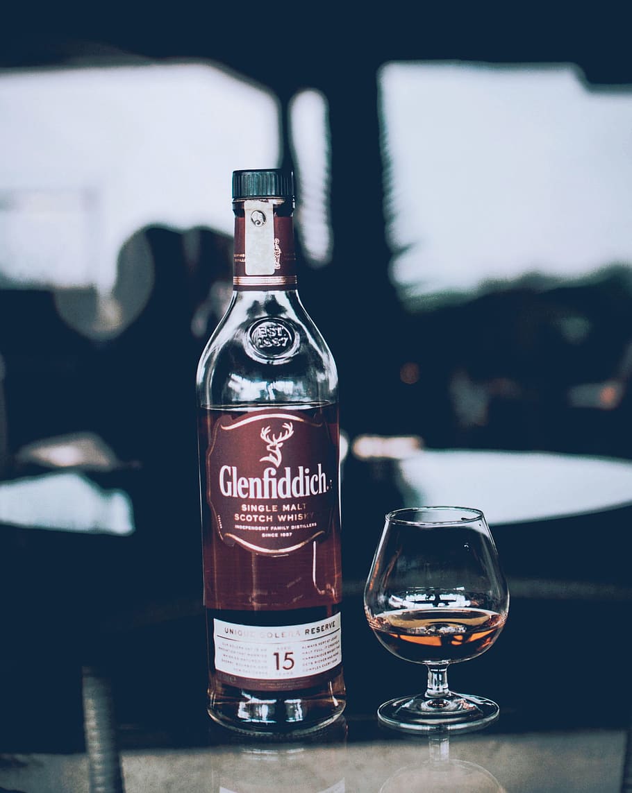 HD wallpaper: Glenfiddich Bottle Beside Wine Glass, alcohol, alcohol ...