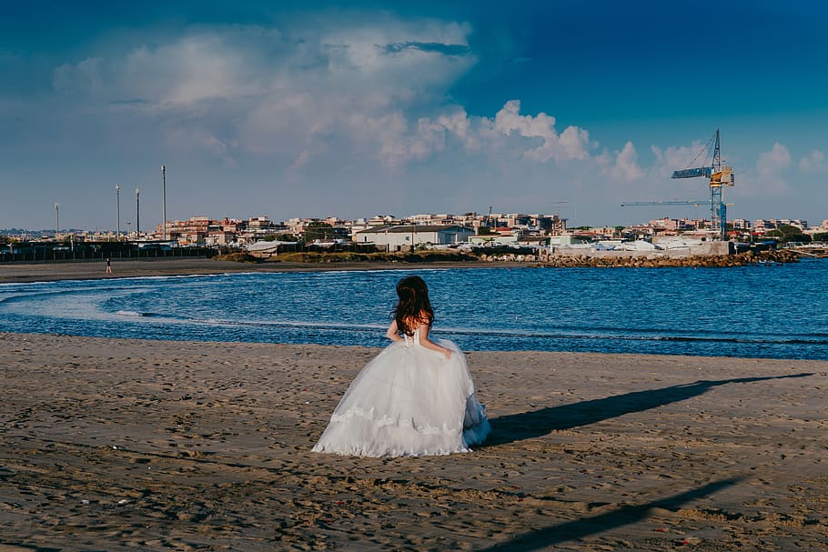 Woman in White Sheer Lace Dress Standing Near Body of Water, beach HD wallpaper