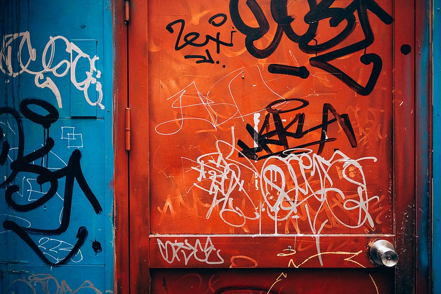 blue and orange painted wall, shibuya, tokyo, graffiti, japan