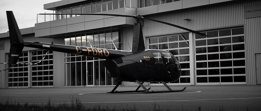 black, white, black and white, helicopter, hangar, aerials, HD wallpaper