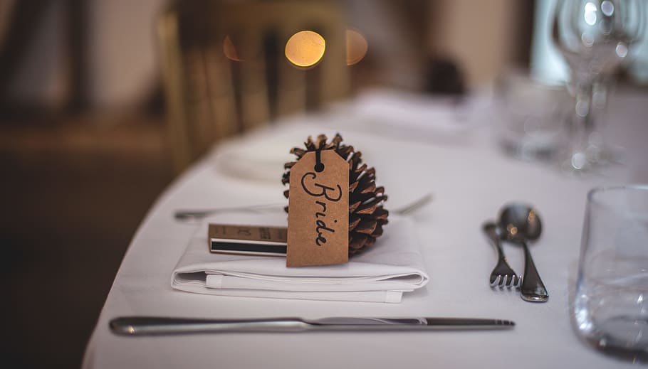 napkin near butter spreader on table, wedding, bride, knife, pinecone, HD wallpaper