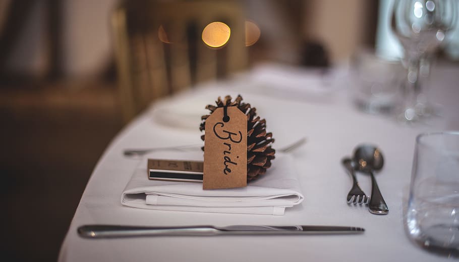 napkin near butter spreader on table, wedding, bride, knife, pinecone HD wallpaper