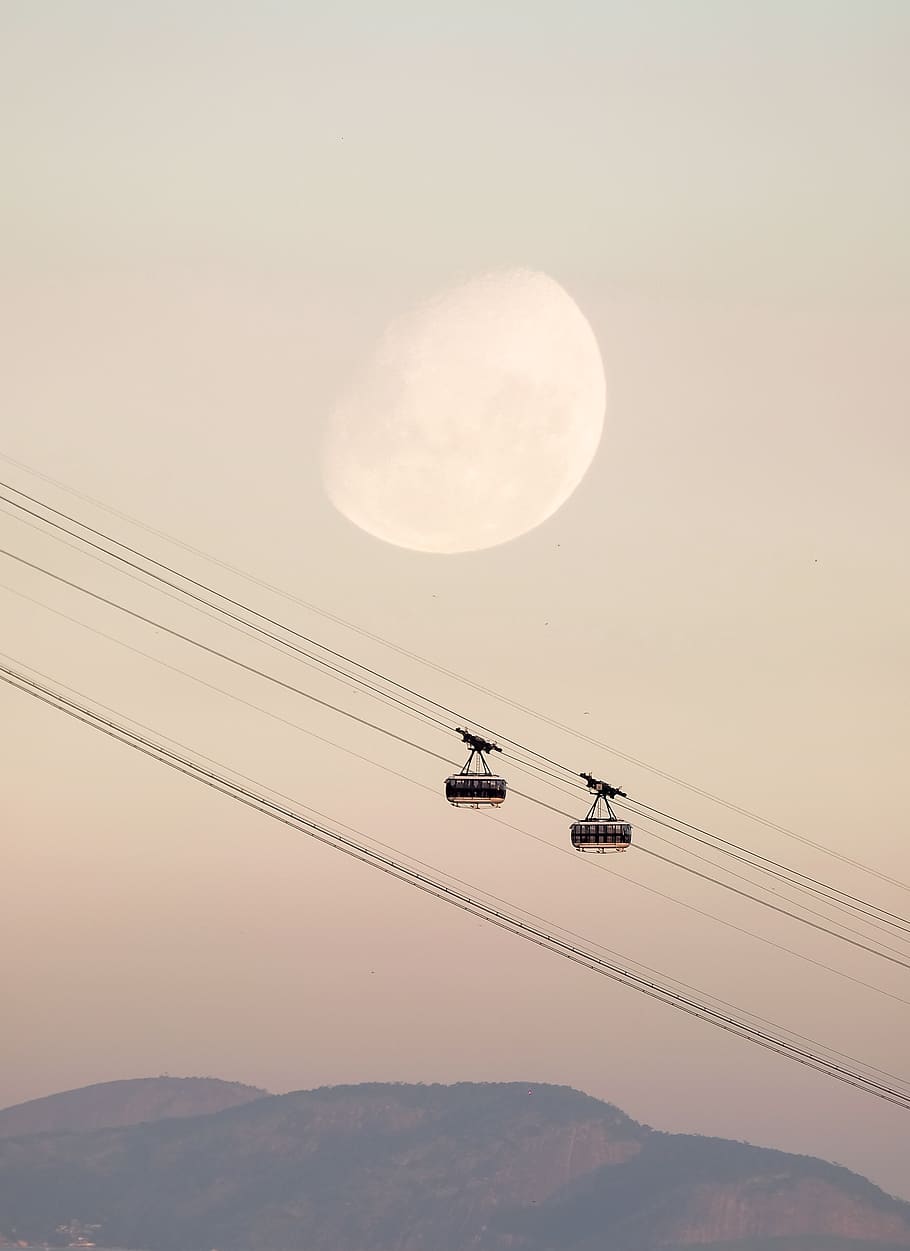 two black cable cars, nature, moon, outdoors, night, astronomy, HD wallpaper