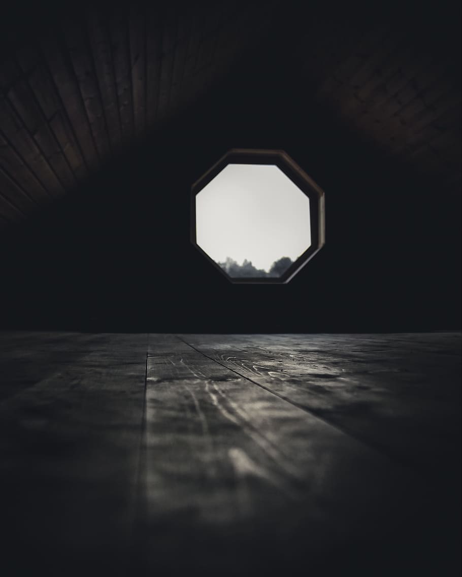 octagonal attic window, room, empty, geometrical shape, wood, HD wallpaper
