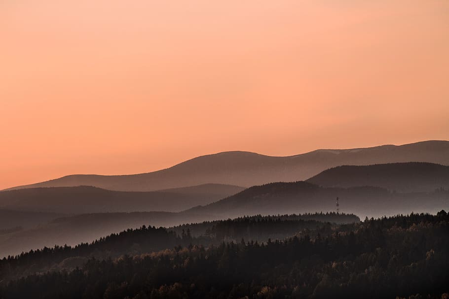 sky, sunset, mountain, highland, valley, landscape, view, trees HD wallpaper