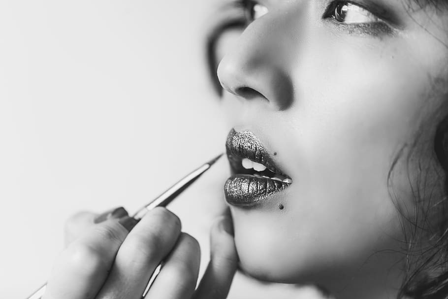 Shiny Lipstick In Black And White Photo, Makeup, Beauty, Skincare
