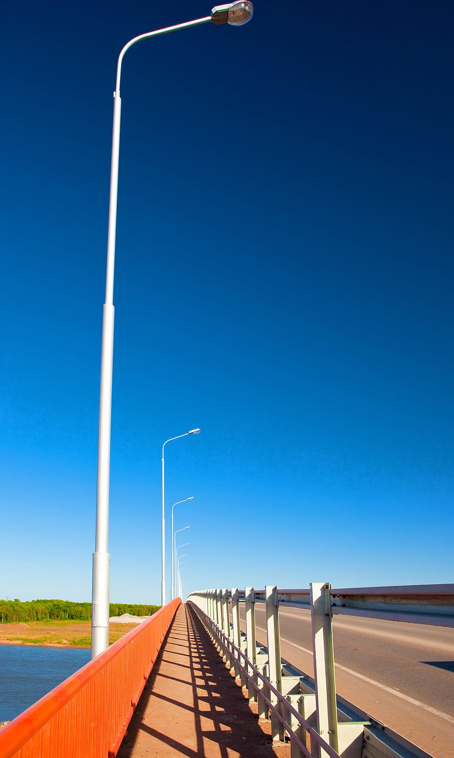 Bridge, sky, road, pole, blue, clear sky, nature, day, no people HD wallpaper