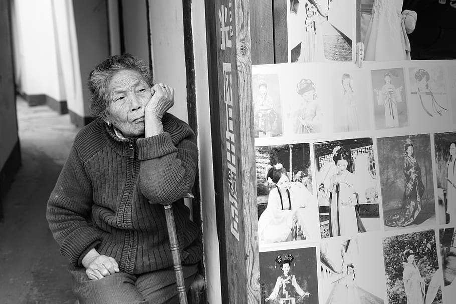 china, shanghai, walking stick, thought, pause, stare, woman HD wallpaper