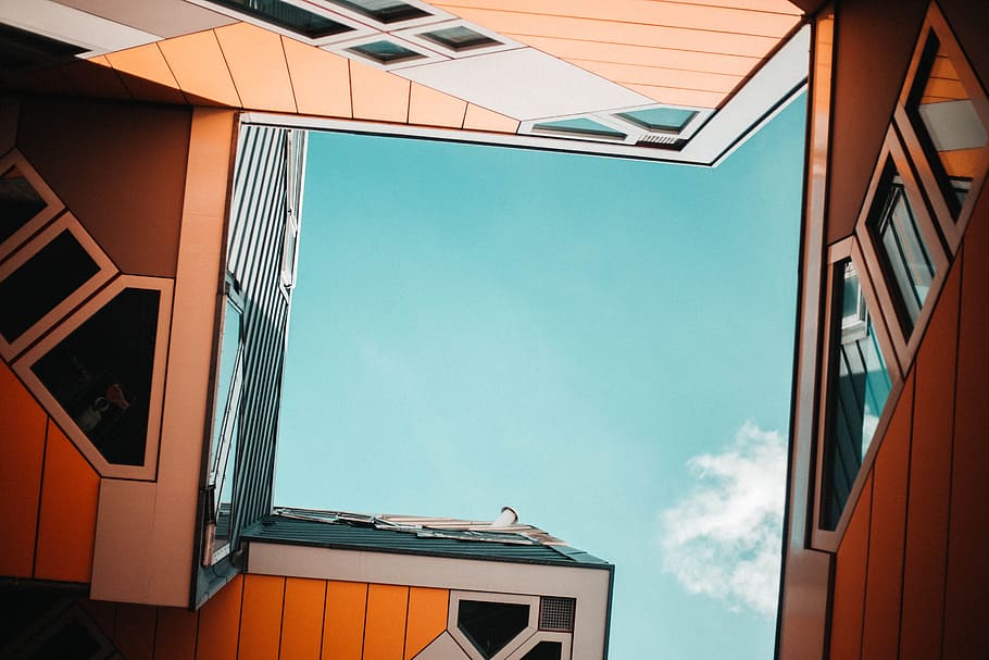 low angle view of blue sky, cube, modern, architecture, architectural HD wallpaper