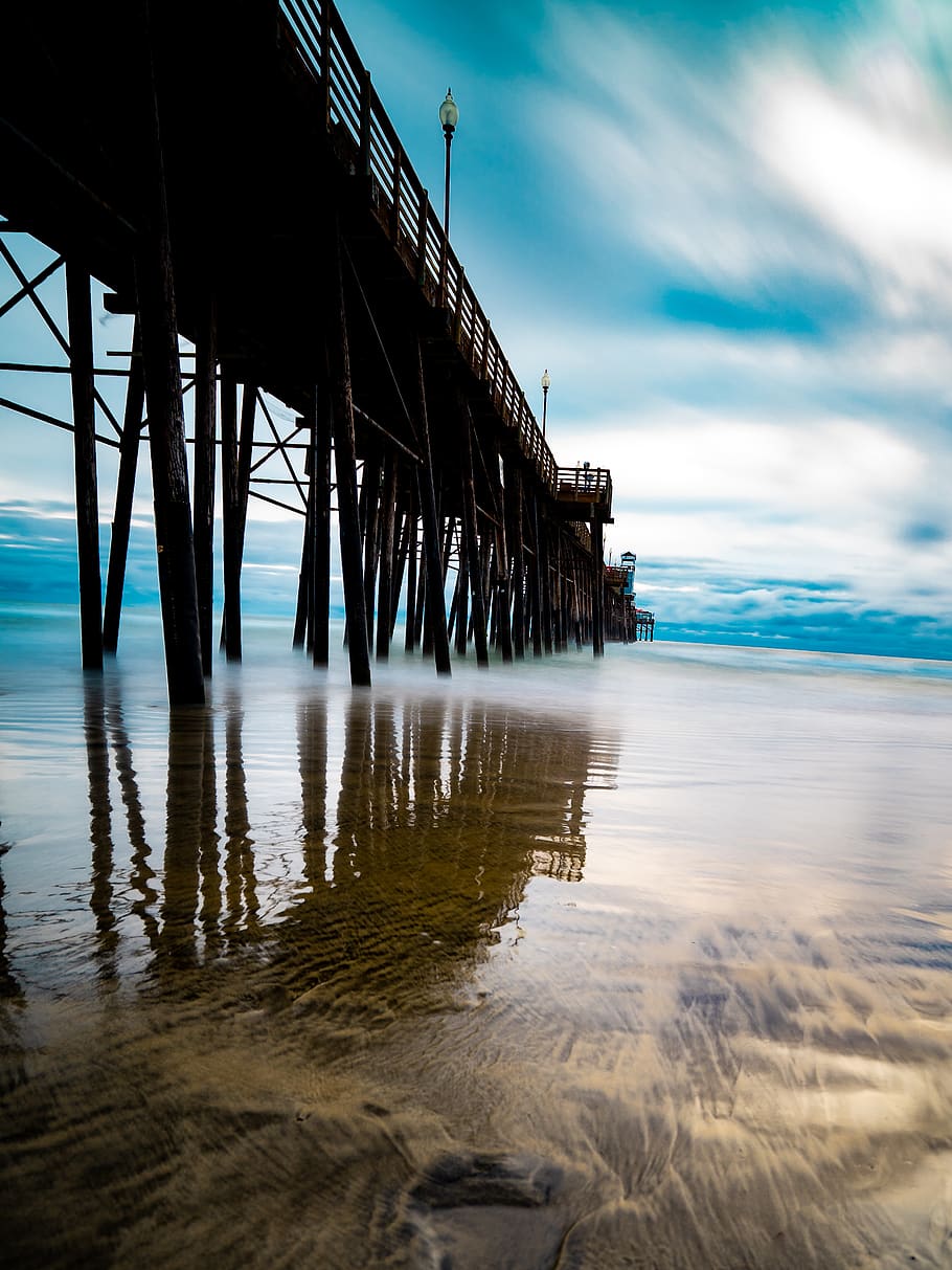 brown wooden dock, water, waterfront, port, pier, bridge, building HD wallpaper