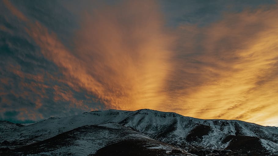 snow covered mountain under cloudy sky, cloud - sky, sunset, beauty in nature HD wallpaper