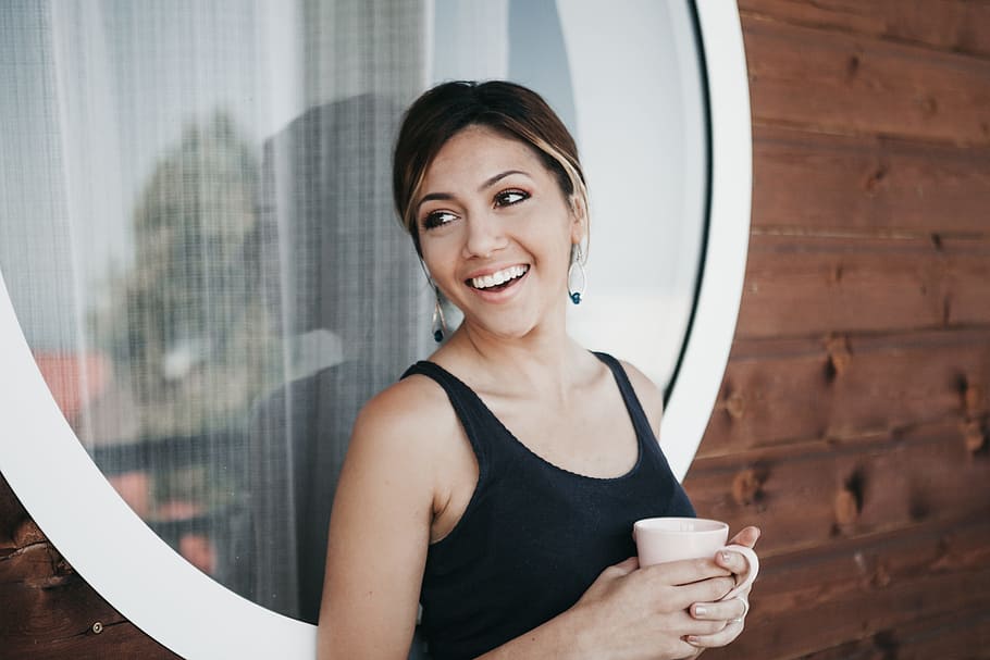 woman wearing black tank top holding mug, female, window, cup