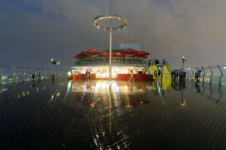 rain, reflections, wet, sky, singapore, illuminated, group of people HD wallpaper
