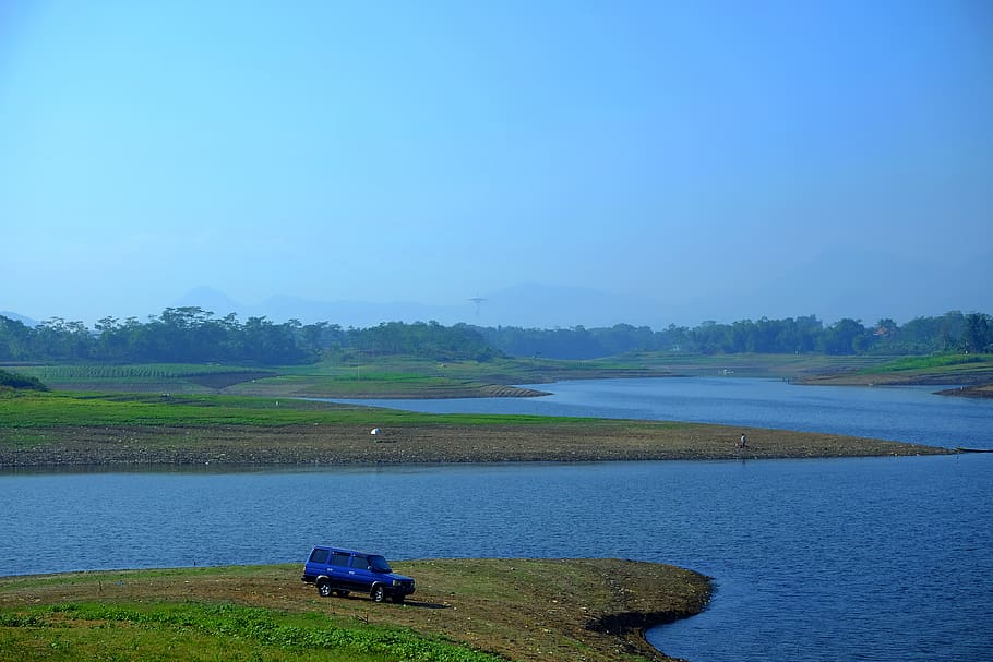 indonesia, padalarang, water, car, sky, blue, green, lake, brown, HD wallpaper