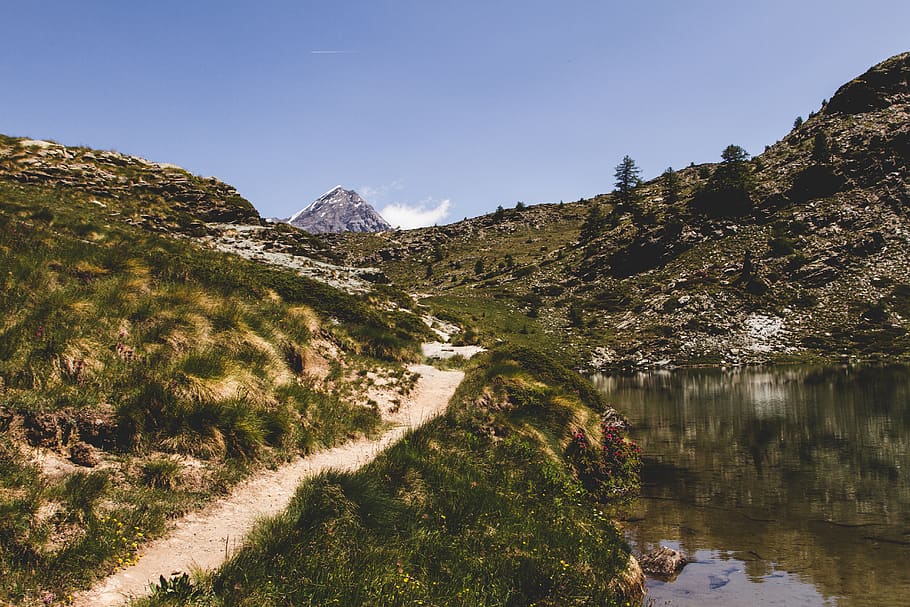 River By The Mountain, daylight, landscape, nature, path, road HD wallpaper