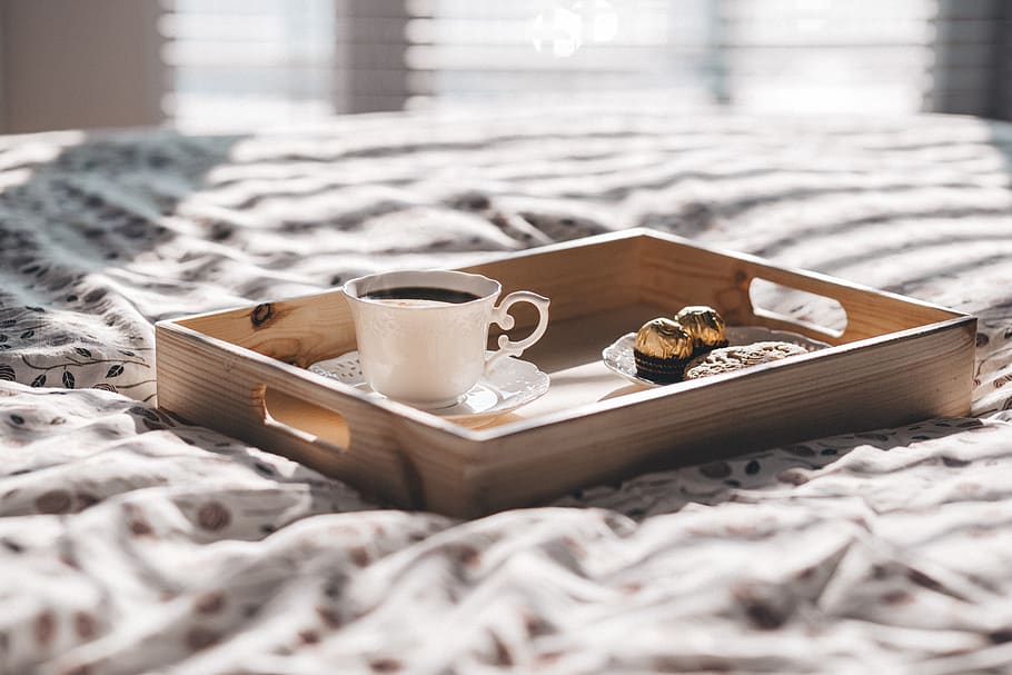 White Teacup on Brown Wooden Tray, bed, blur, caffeine, chocolate HD wallpaper
