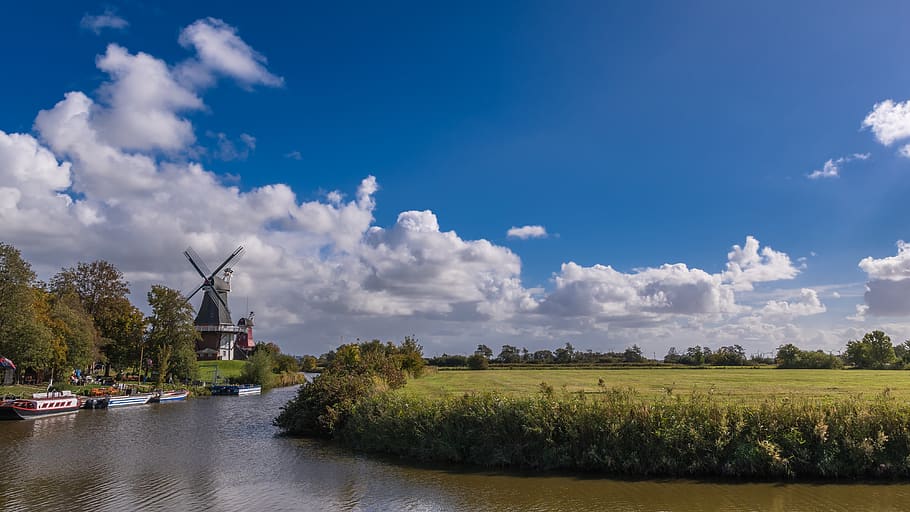greetsiel, windmills, channel, east frisia, northern germany HD wallpaper