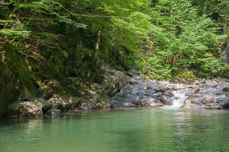 waterfall, nature, river, mountains, beauty in nature, waterfront HD wallpaper