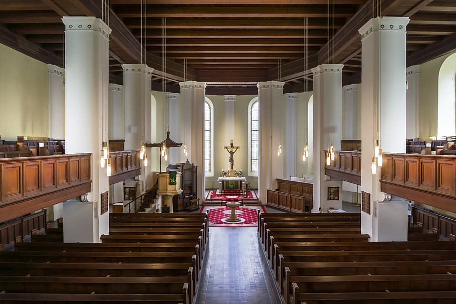 church, inside, architecture, columnar, benches, pulpit, preach HD wallpaper