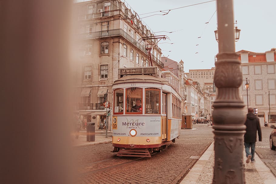tram between houses, transportation, rail transportation, public transportation HD wallpaper