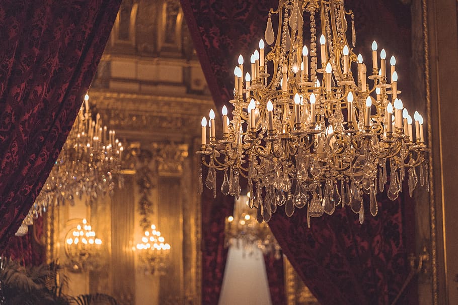 crystal chandelier turned on, france, dining room, paris, lamp, HD wallpaper