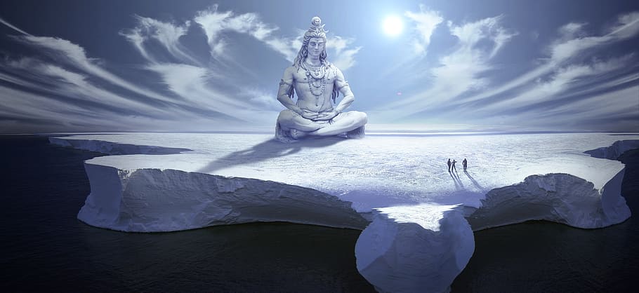 fantasy, ice, snow, arctic, buddha, statue, human, sky, clouds HD wallpaper