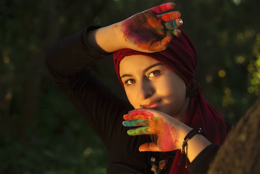women's red headscarf, person, human, finger, hand, art, fashion, HD wallpaper