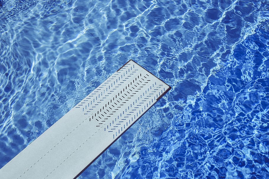 gray diving board, swimming pool, water, blue, high angle view HD wallpaper