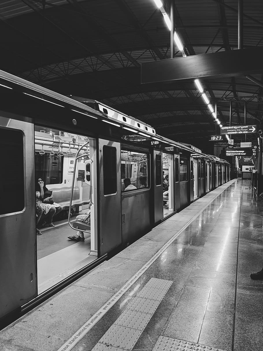 india, kochi, train, platform, metro, greyscale, lines, rail