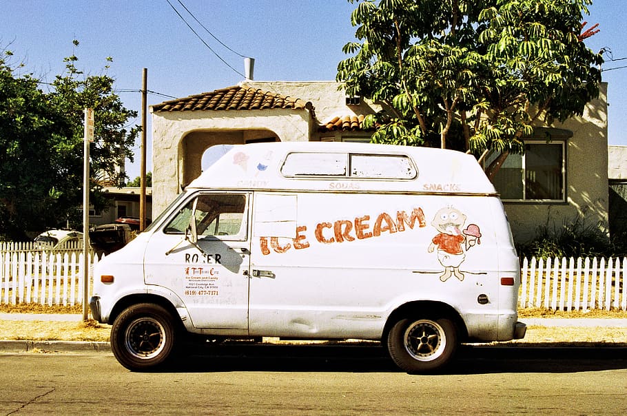 white Ice Cream van, mode of transportation, land vehicle, architecture HD wallpaper