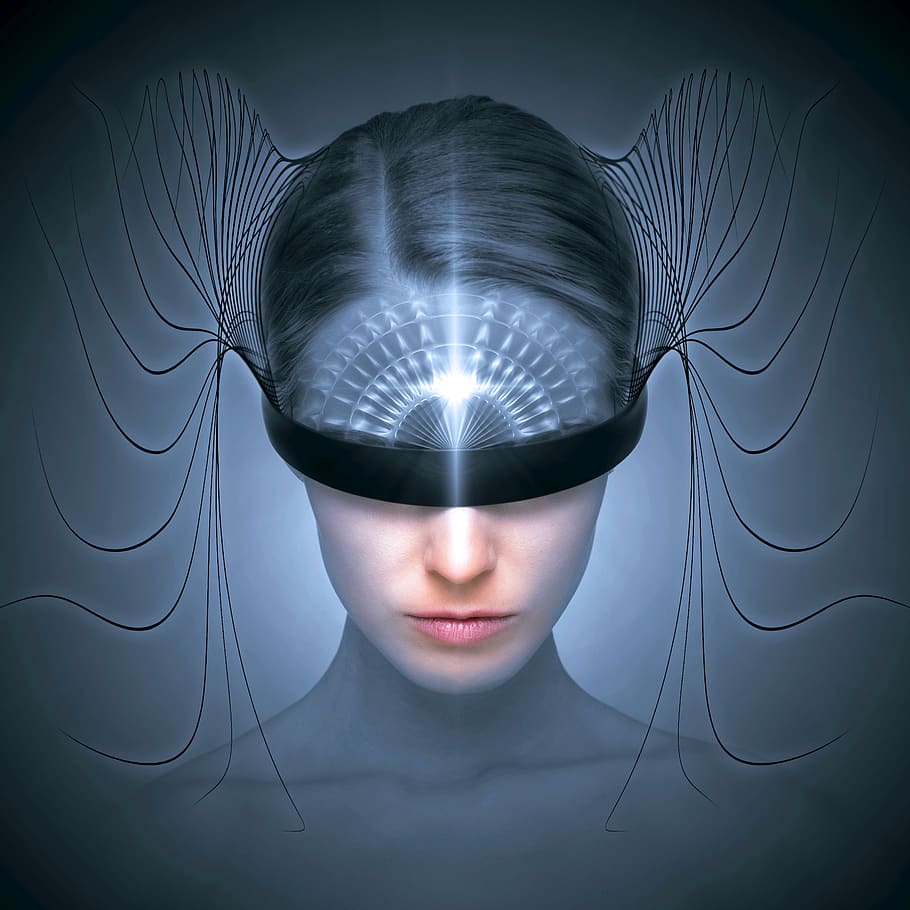 cd cover, face, woman, futuristic, science fiction, surreal