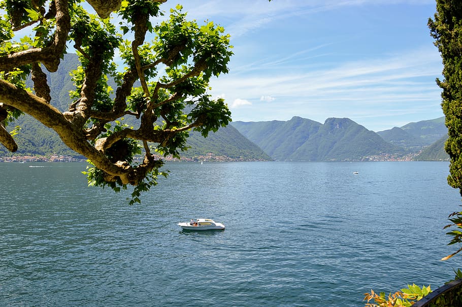lario, como, lake, nature, boat, blue, water, tree, landscape, HD wallpaper