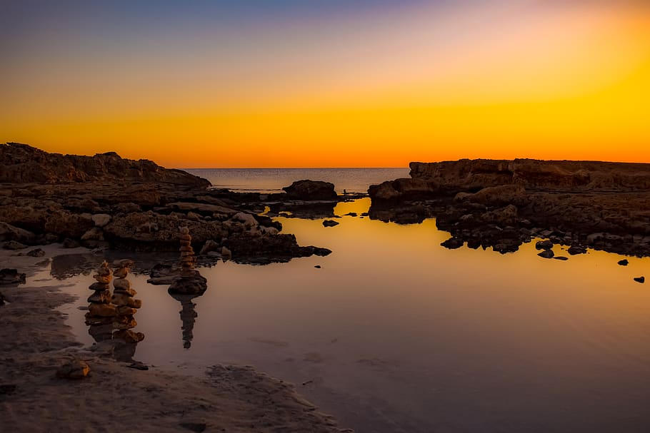 twilight, sunset, landscape, nature, evening, dusk, sea, rocky coast HD wallpaper