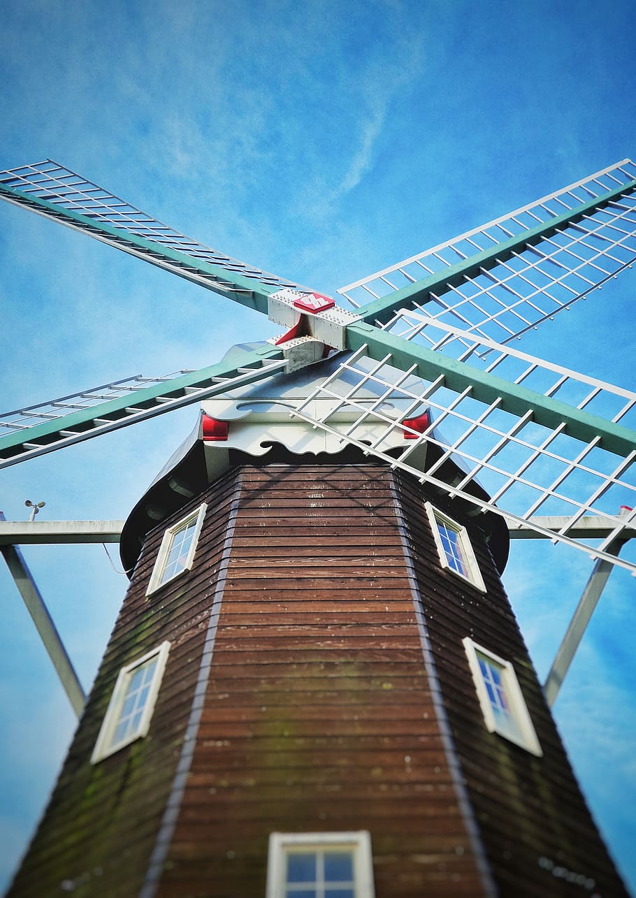 windmill, blue, sky, wood, architecture, built structure, building exterior HD wallpaper