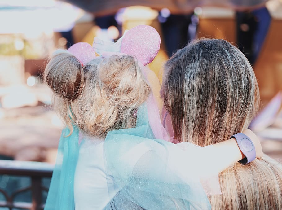 woman carrying a girl, hug, happy, fun, vacation, park, theme park HD wallpaper