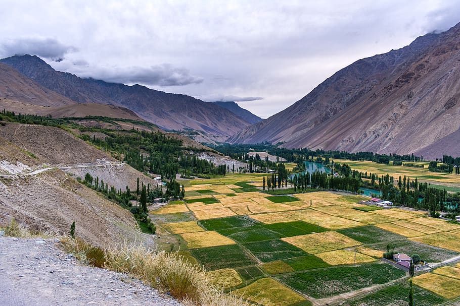 phander, laske, pakistan, mountain, sky, river, trees, wheat, HD wallpaper