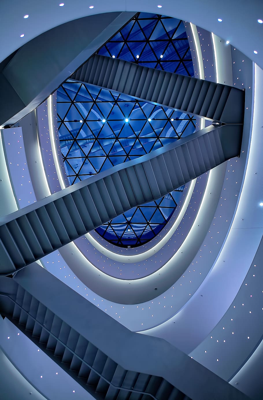 architecture, blue, building, infrastructure, interior, stairs HD wallpaper