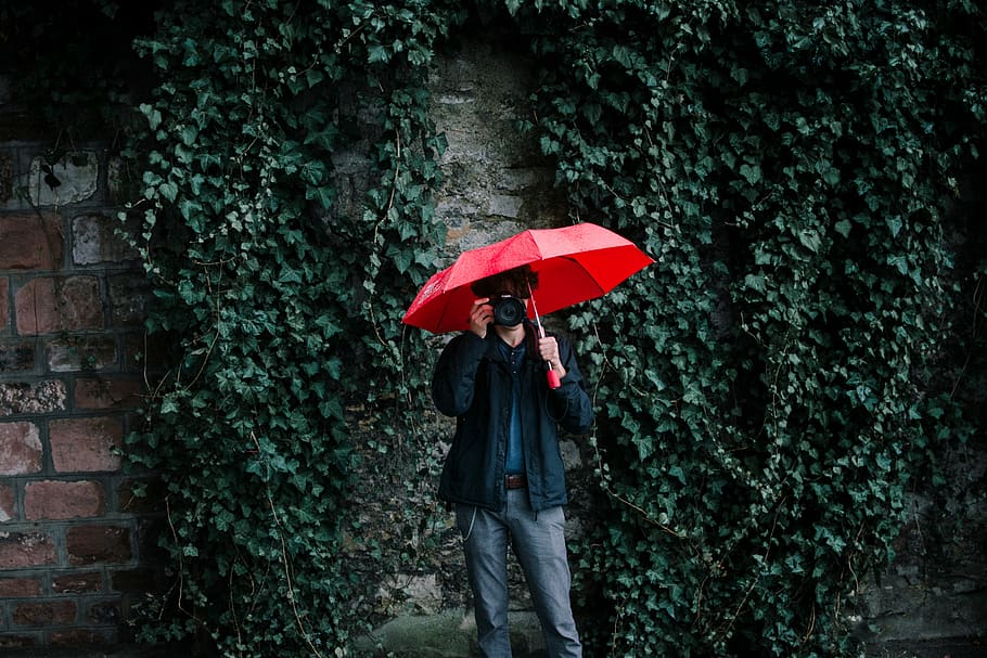 man wearing black jacket holding red umbrella, person, human, HD wallpaper