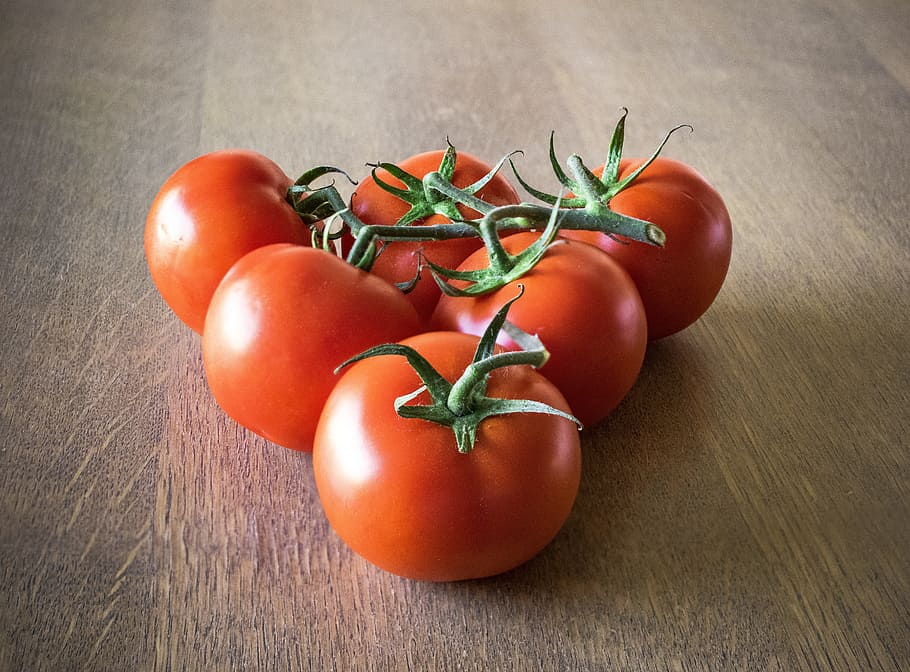 Six Orange Tomatoes Forming Triangle on Brown Surface, food, table HD wallpaper