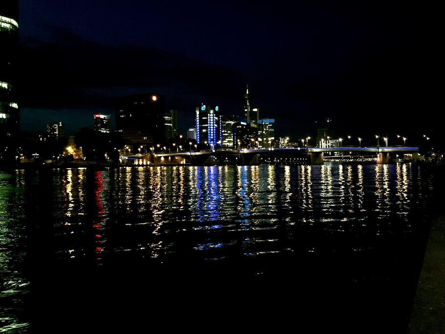 germany, frankfurt, main, lights, night, city, skyline, bridge HD wallpaper